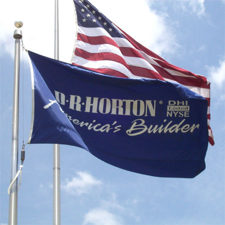 Custom D. R. Horton flag flying with the U.S. flag