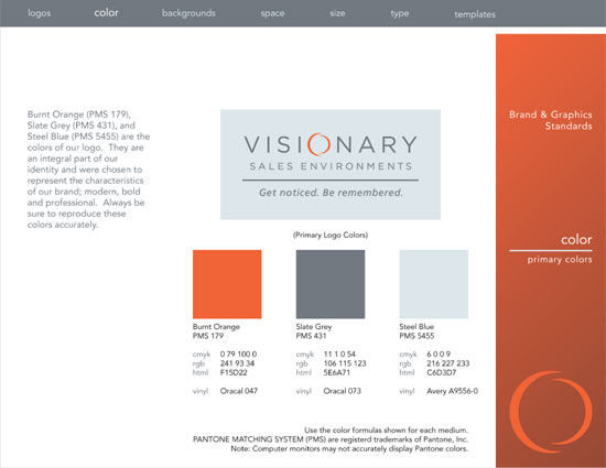 A page from the Visionaryh Sales Environments brand guidelines showing the brand colors
