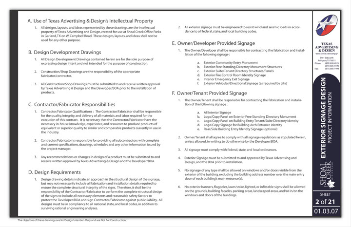 A page from the Shoal Creek sign program showing the table of contents