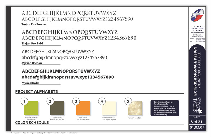 A page from the Shoal Creek sign program showing the fonts used in the program