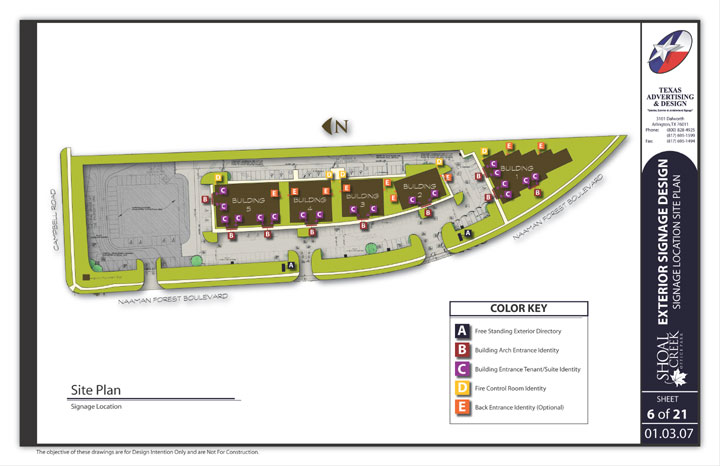 A page from the Shoal Creek sign program showing a site plan of the facility and sign placement