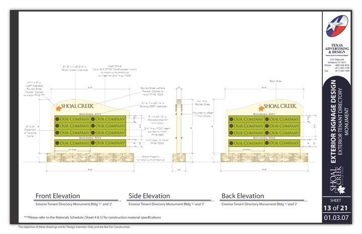 A page from the Shoal Creek sign program showing the monument design