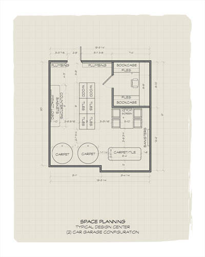 A floorplan of a large showroom with an attached filing room