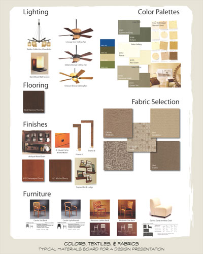 A page of examples including fabrics, colors, and ceiling fans