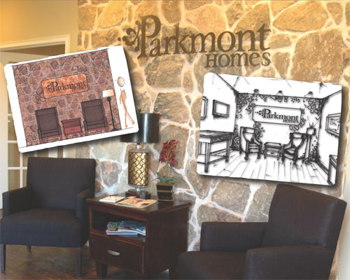 A comparison photo showing the Parkmont Homes sales office concept drawing and the final product