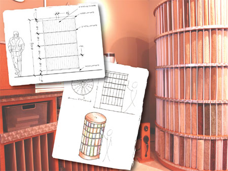 A comparison photo showing the Landstar Homes carpet sample fixture concept drawing and the final product